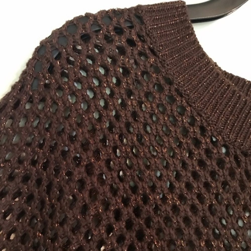 Zara Open-Knit Crew Sweater in Dark Brown